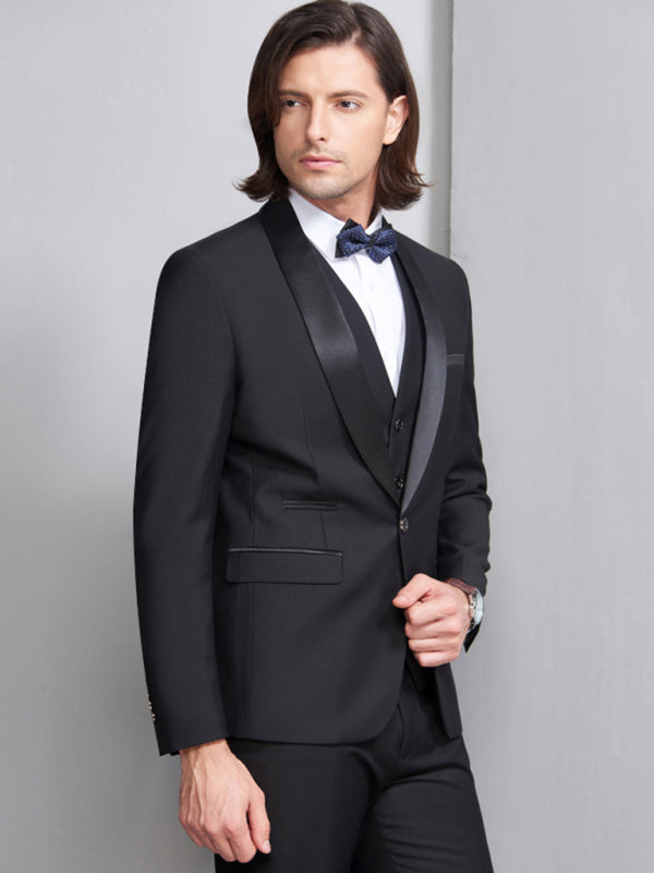 Men's elegant lapel collar knit business suit in black with bowtie, featuring regular long sleeves, suitable for formal occasions.