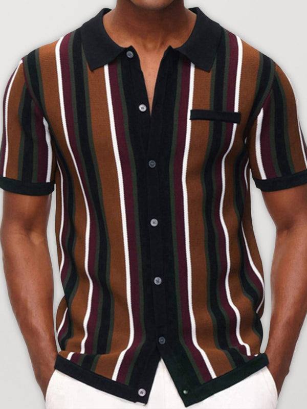 Men's single breasted color contrast stripe short sleeve shirt with lapel collar.