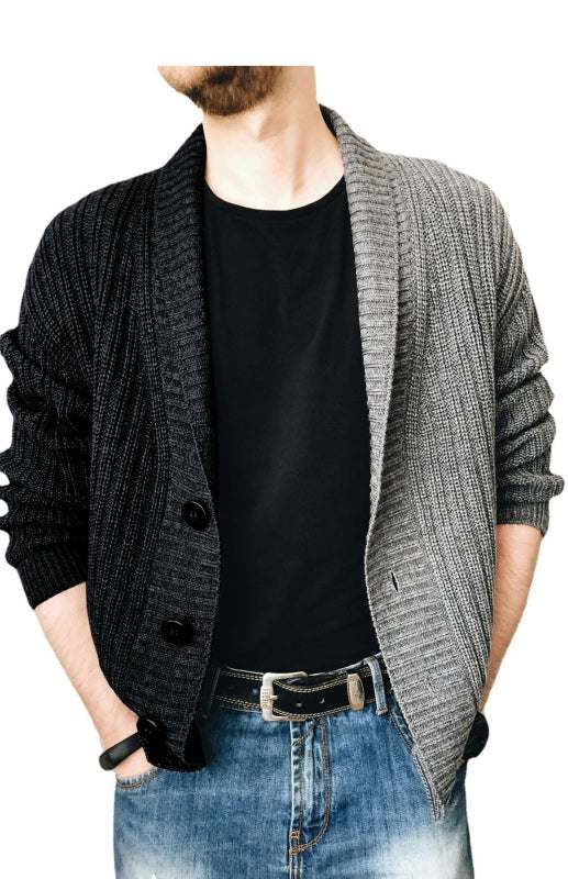 Stylish two-tone patchwork single-breasted long sleeve men's cardigan.