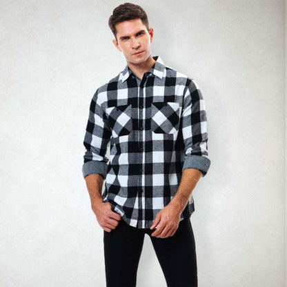 Men's flannel plaid shirt in classic black and white pattern, long sleeves, versatile casual wear.