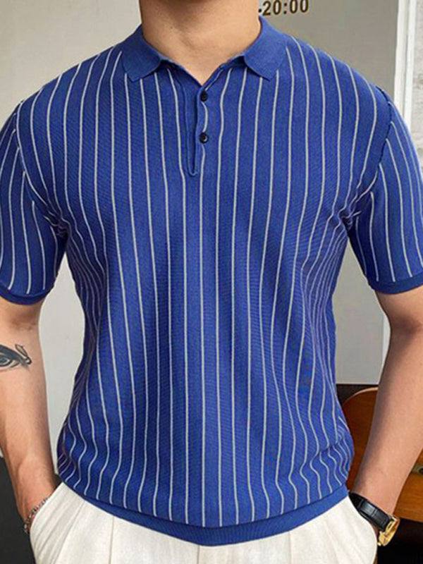 Chic summer striped knit polo shirt, short-sleeved business casual elegance in blue with vertical white stripes.