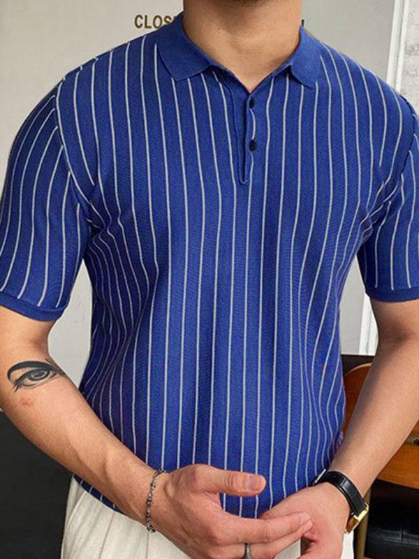 Chic Summer Striped Knit Polo Shirt - Short-Sleeved Business Casual Elegance - MENLL
