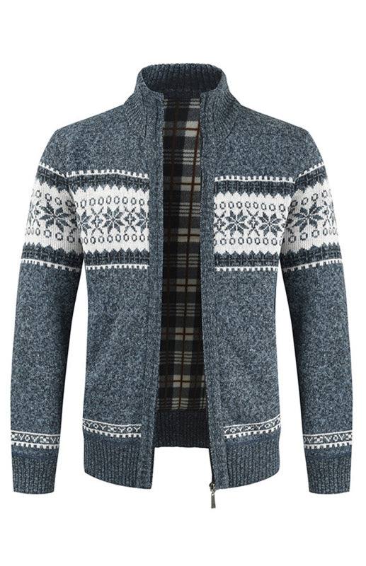 Men's colorblock cardigan sweater with standing collar for casual elegance.
