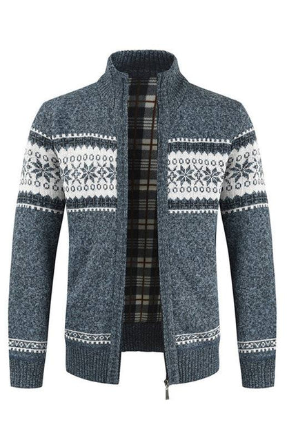 Men's colorblock cardigan sweater with standing collar for casual elegance.