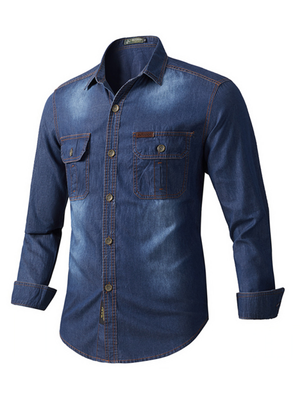 Men's casual workwear long-sleeved denim shirt with lapel collar and welt pocket.