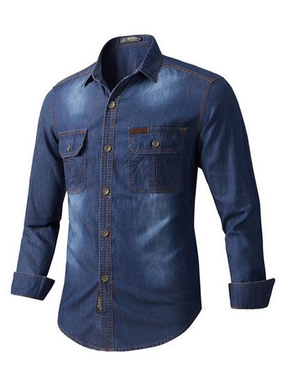 Men's casual workwear long-sleeved denim shirt with lapel collar and welt pocket.