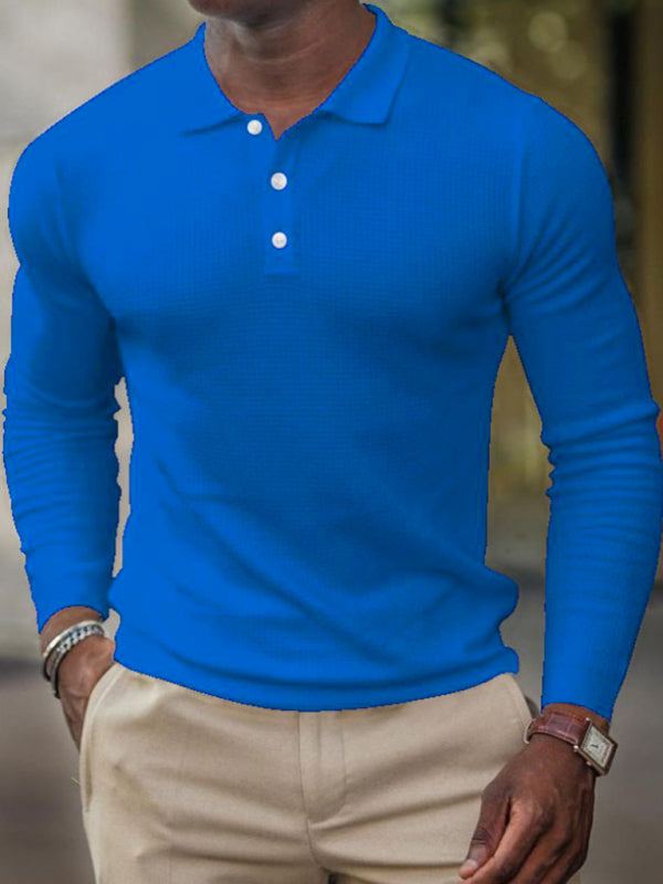 Men's solid-color blue button-down long-sleeve polo shirt.