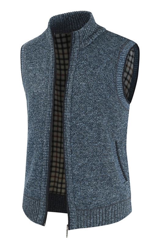 Men’s sleeveless knit cardigan with stand collar, zip vest in solid color for autumn-winter fashion.