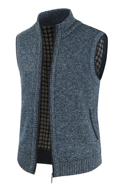 Men’s sleeveless knit cardigan with stand collar, zip vest in solid color for autumn-winter fashion.