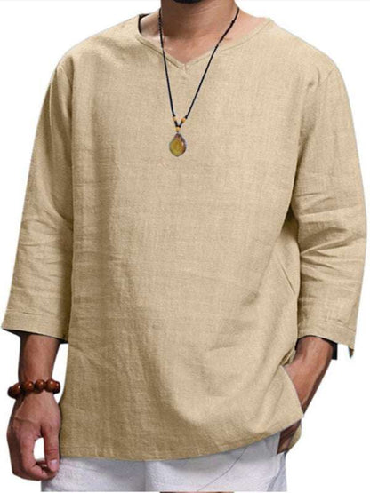 Stylish Men's V-Neck Long Sleeve Cotton-Linen Shirt for Effortless Elegance - MENLL