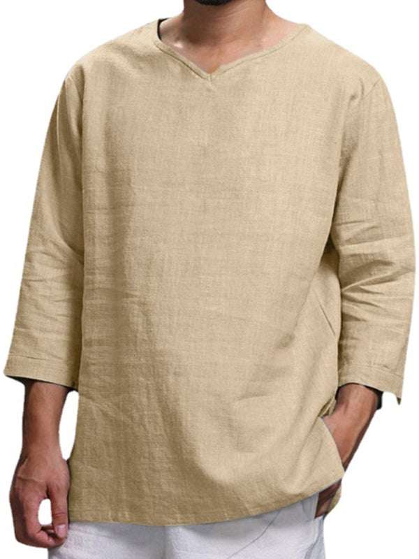 Stylish Men's V-Neck Long Sleeve Cotton-Linen Shirt for Effortless Elegance - MENLL