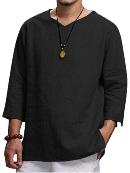 Stylish Men's V-Neck Long Sleeve Cotton-Linen Shirt for Effortless Elegance - MENLL