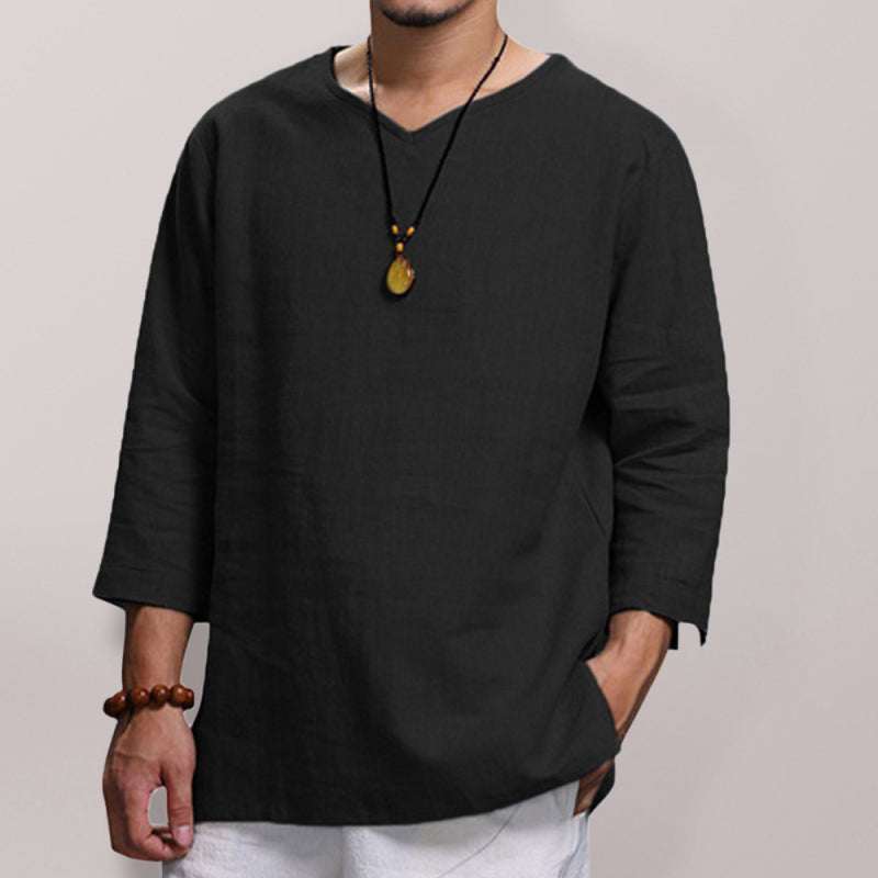 Stylish Men's V-Neck Long Sleeve Cotton-Linen Shirt for Effortless Elegance - MENLL