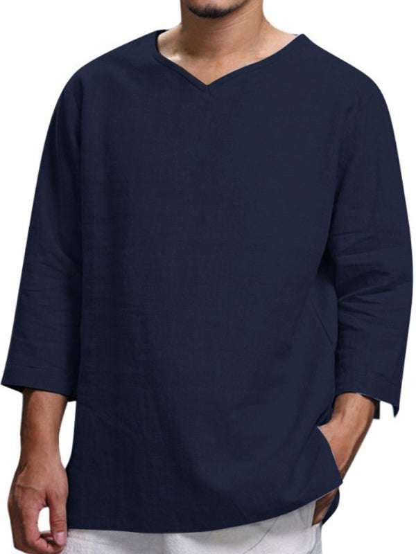 Stylish Men's V-Neck Long Sleeve Cotton-Linen Shirt for Effortless Elegance - MENLL