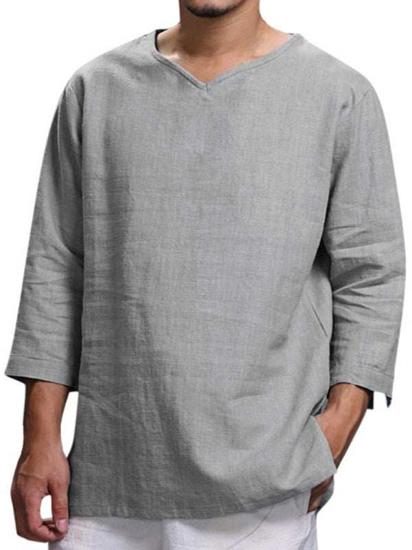Stylish Men's V-Neck Long Sleeve Cotton-Linen Shirt for Effortless Elegance - MENLL