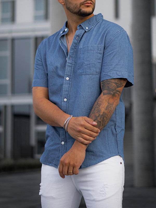 Men's short sleeve faux denim t-shirt with solid color design, ideal for casual comfort and versatile wear.
