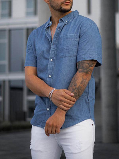 Men's short sleeve faux denim t-shirt with solid color design, ideal for casual comfort and versatile wear.