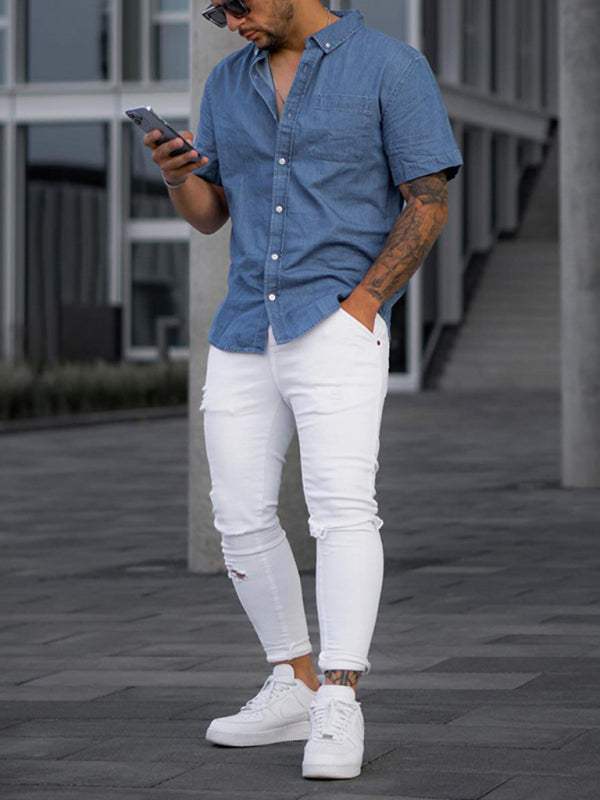 Versatile Men's Short Sleeve Faux Denim T-Shirt - Casual Comfort for Every Occasion - MENLL