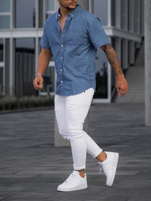 Versatile Men's Short Sleeve Faux Denim T-Shirt - Casual Comfort for Every Occasion - MENLL