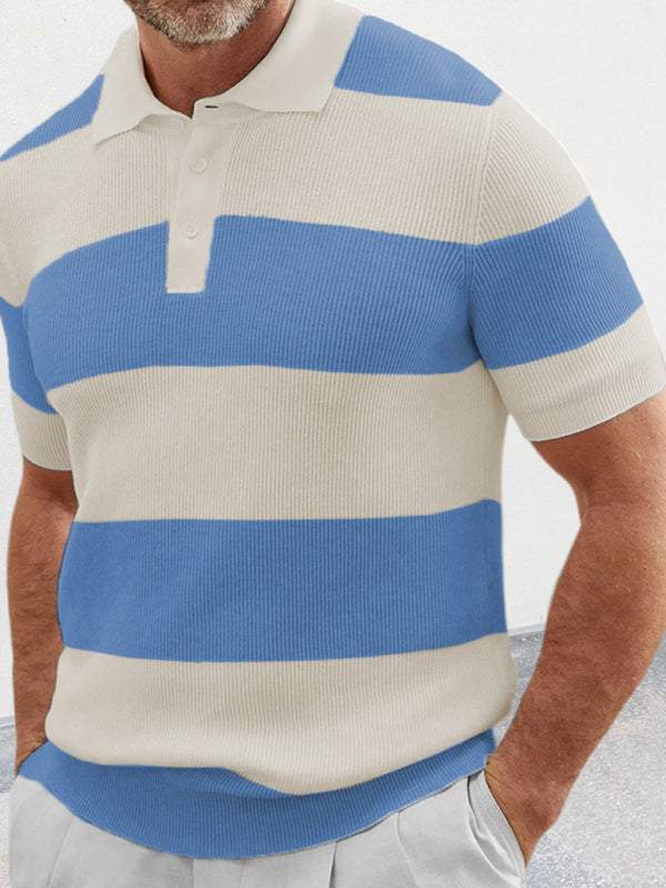 Vibrant striped men's short-sleeved lapel polo knitwear in blue and white.