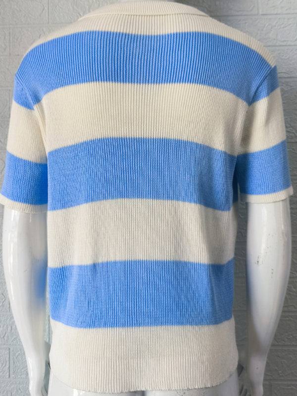 Vibrant Striped Men's Short-Sleeved Polo Knit - Elevate Your Spring-Summer Style! - MENLL