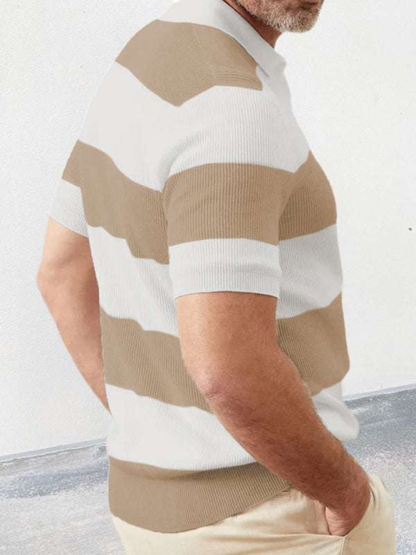 Vibrant Striped Men's Short-Sleeved Polo Knit - Elevate Your Spring-Summer Style! - MENLL