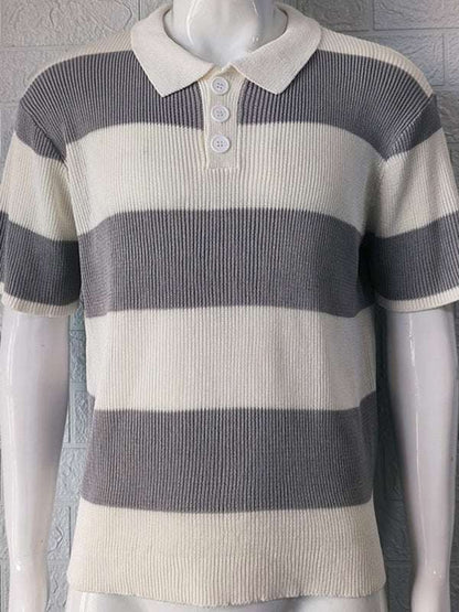 Vibrant Striped Men's Short-Sleeved Polo Knit - Elevate Your Spring-Summer Style! - MENLL