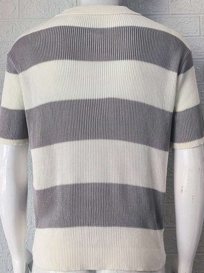 Vibrant Striped Men's Short-Sleeved Polo Knit - Elevate Your Spring-Summer Style! - MENLL