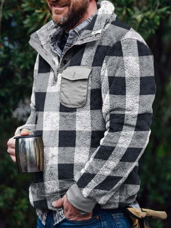 Cozy Plaid Plush Long-Sleeve Sweatshirt for Men - Stylish Comfort for Every Occasion - MENLL
