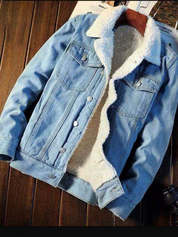 Warm sherpa button lapel denim jacket for men with classic design.
