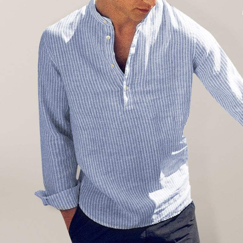 Men's stylish striped cotton-linen shirt with three-quarter sleeves, offering comfort and breathability for casual wear.