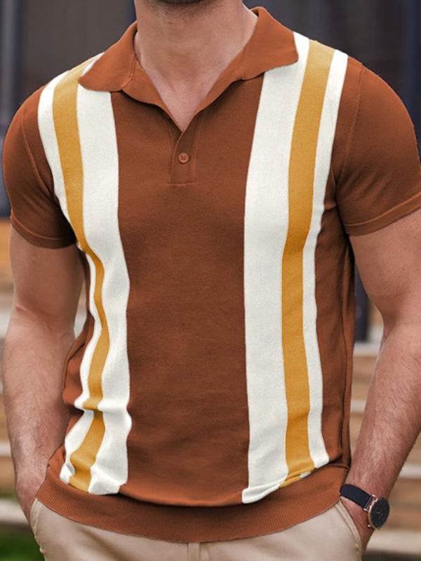 Short-sleeved striped jacquard polo sweater in brown, ideal for business casual occasions.