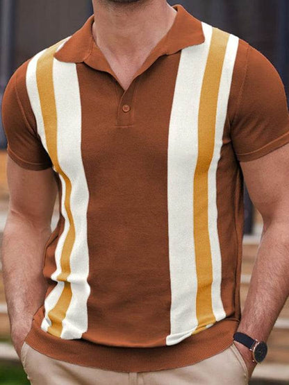Short-sleeved striped jacquard polo sweater in brown, ideal for business casual occasions.