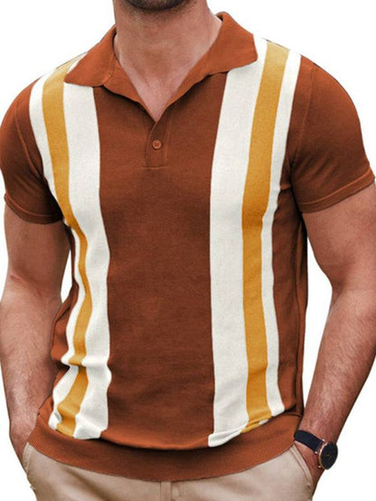 Chic Striped Jacquard Polo Sweater: Short-Sleeved Business Casual Essential for Effortless Style - MENLL