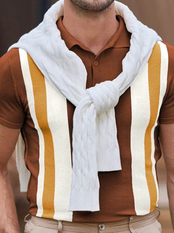 Chic Striped Jacquard Polo Sweater: Short-Sleeved Business Casual Essential for Effortless Style - MENLL
