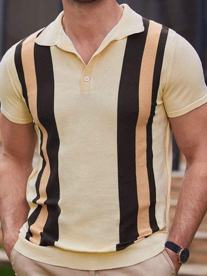 Chic Striped Jacquard Polo Sweater: Short-Sleeved Business Casual Essential for Effortless Style - MENLL
