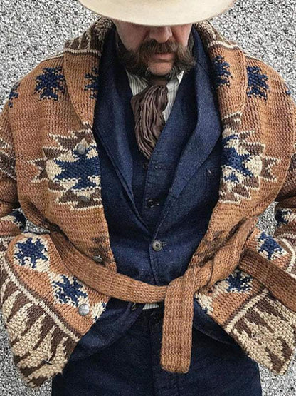 Festive Folk Pattern Knit Cardigan for Men – Cozy Holiday Style Sweater - MENLL