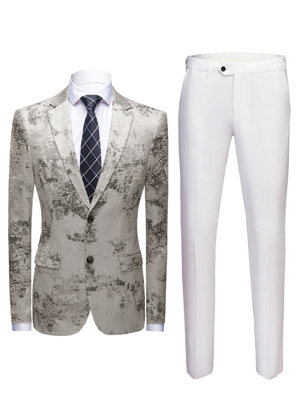 Men's casual lapel woven knit blazer suit with long sleeves, polyester-Viscose blend, light business style.