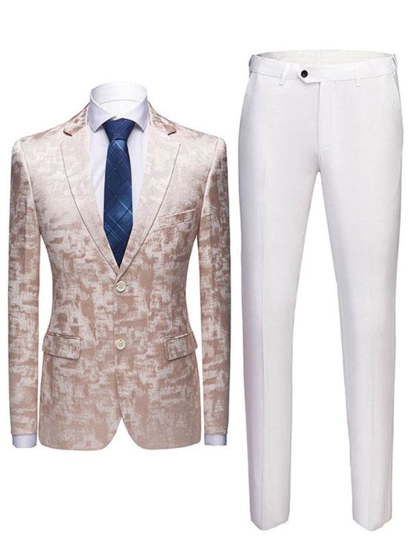 Men's light business welt pocket blazer suit with beige self-design pattern, long sleeves, and white trousers.