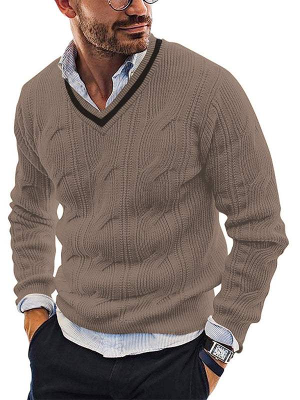 Stylish men's V-neck slim fit long sleeve knitted sweater for autumn-winter.