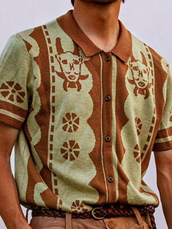 Jacquard knitted short-sleeved polo shirt with unique pattern and lapel.