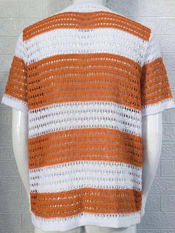Vibrant Men's Short-Sleeved Color-Blocked Cardigan with Stylish Lapel for Effortless Spring-Summer Fashion - MENLL