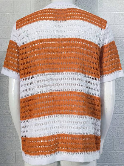 Vibrant Men's Short-Sleeved Color-Blocked Cardigan with Stylish Lapel for Effortless Spring-Summer Fashion - MENLL