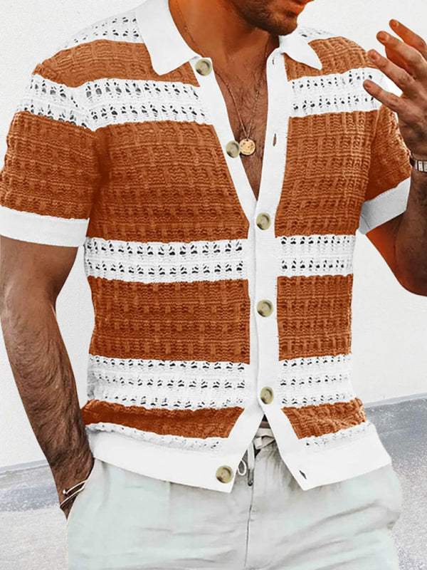 Vibrant Men's Short-Sleeved Color-Blocked Cardigan with Stylish Lapel for Effortless Spring-Summer Fashion - MENLL