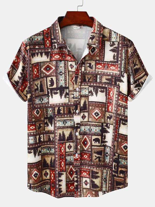 Men's tropical floral print short sleeve beach vacation shirt.