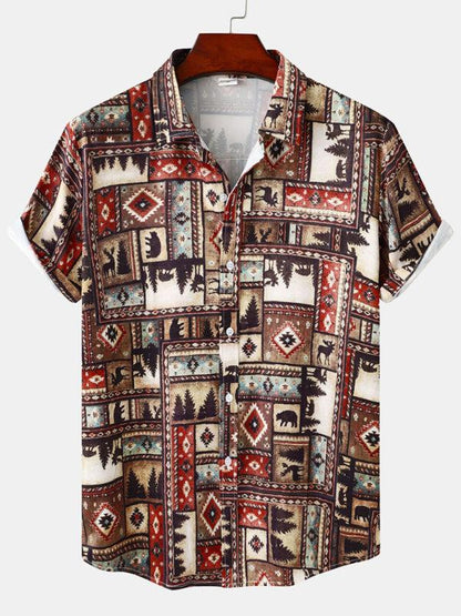 Men's tropical floral print short sleeve beach vacation shirt.