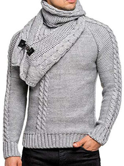 Chic Men's Solid Color Twist Knit Sweater Pullover with Scarf Design for Effortless Style