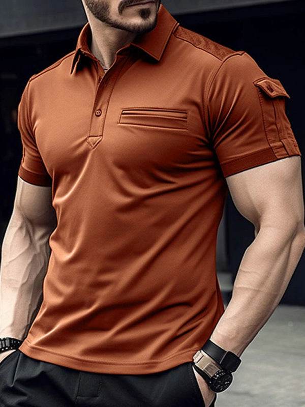 Men's muscle fit sports polo shirt with pocket design in rust color, perfect for spring and summer wear.