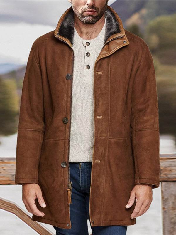 Men's mid-length brown woolen coat with zipper, leisure style, spring-summer wear.