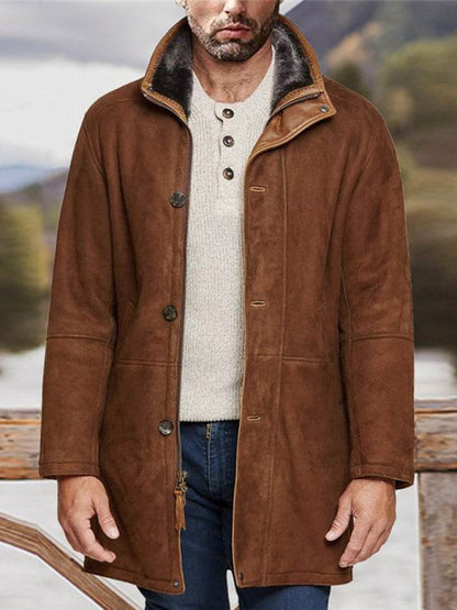 Men's mid-length brown woolen coat with zipper, leisure style, spring-summer wear.